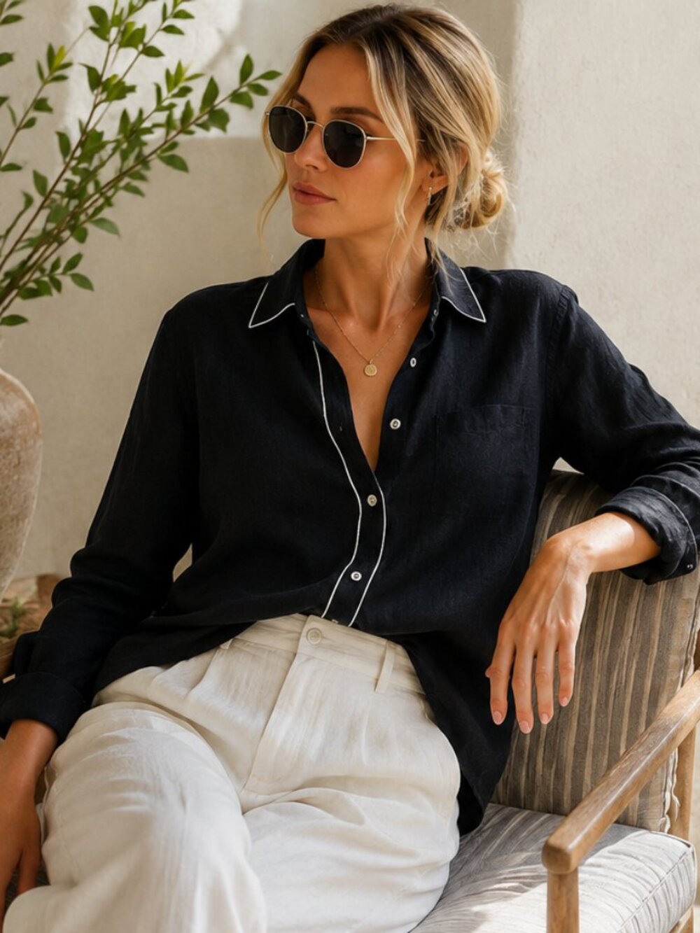 Lauren Ralph Lauren Black 100% Linen Shirt White Piping Coastal Quiet Luxury Top